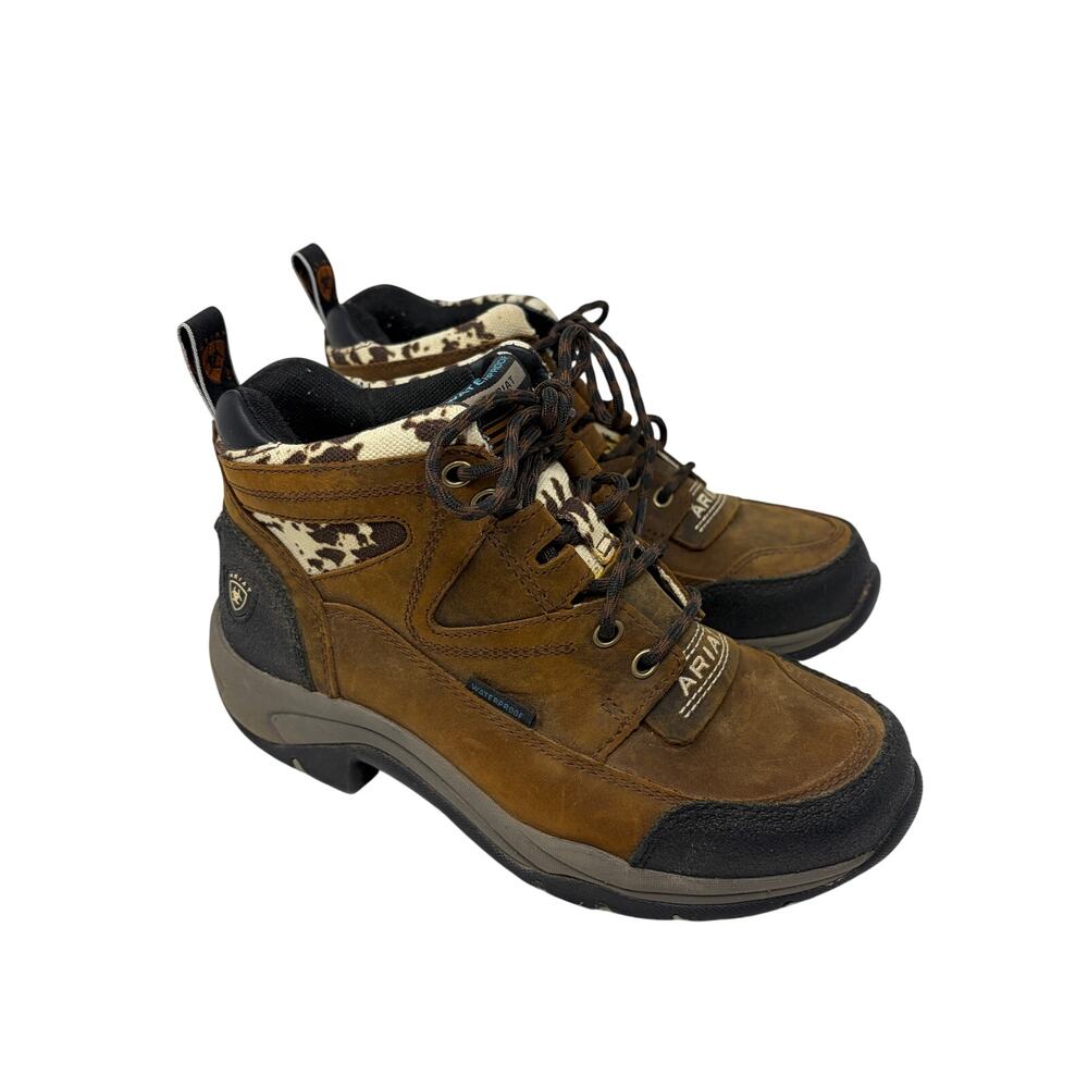 Ariat women's Terrain Waterproof boots 6B brown cowprint lace up $140 leather